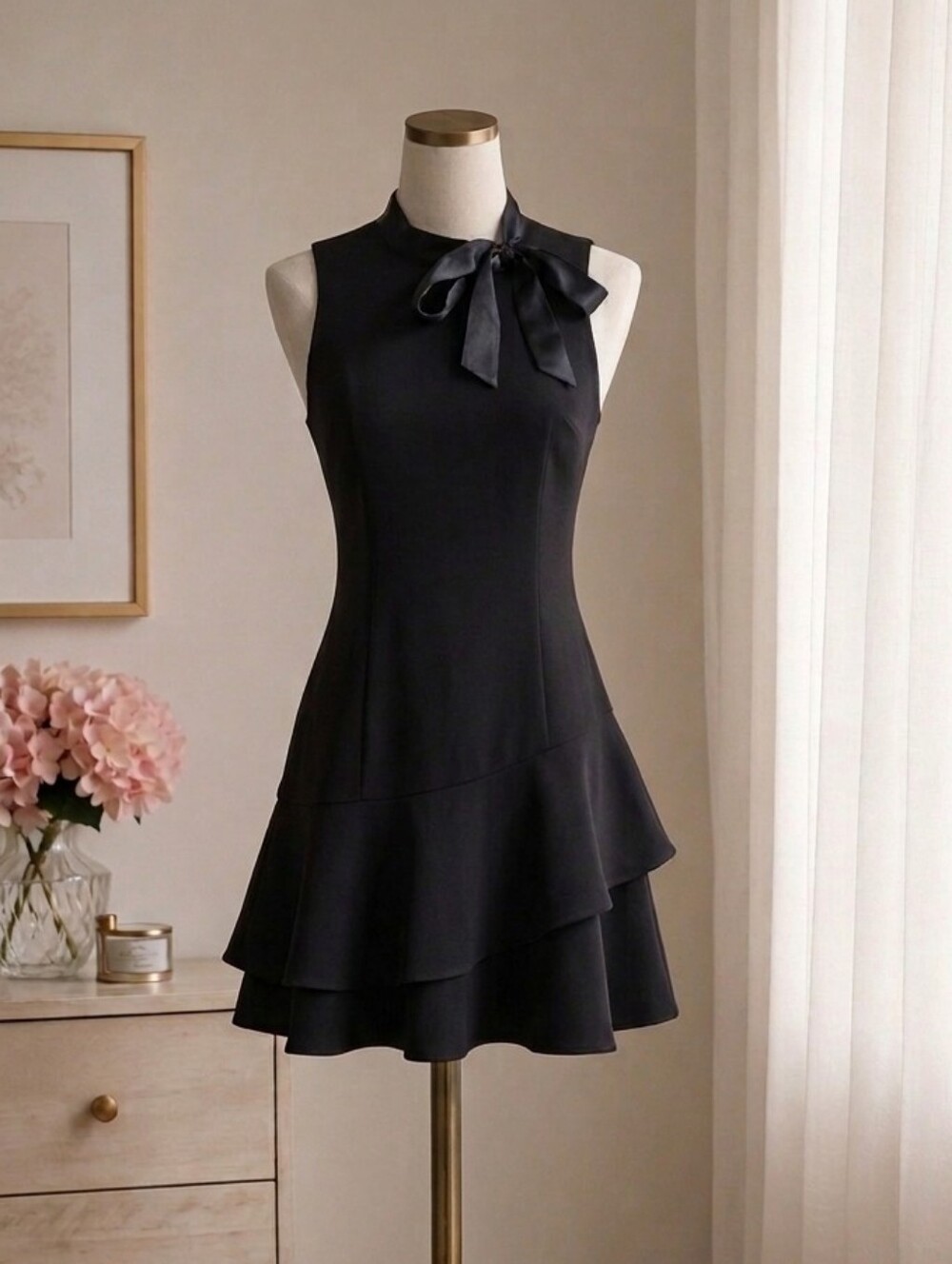 Betsy Johnson Sleeveless Black Bow Tie Neck Tiered Dress Size 8